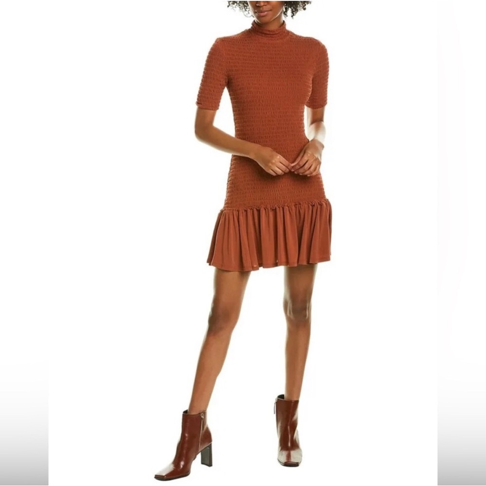 ALC Aston smocked mini short sleeve dress deep amber size M